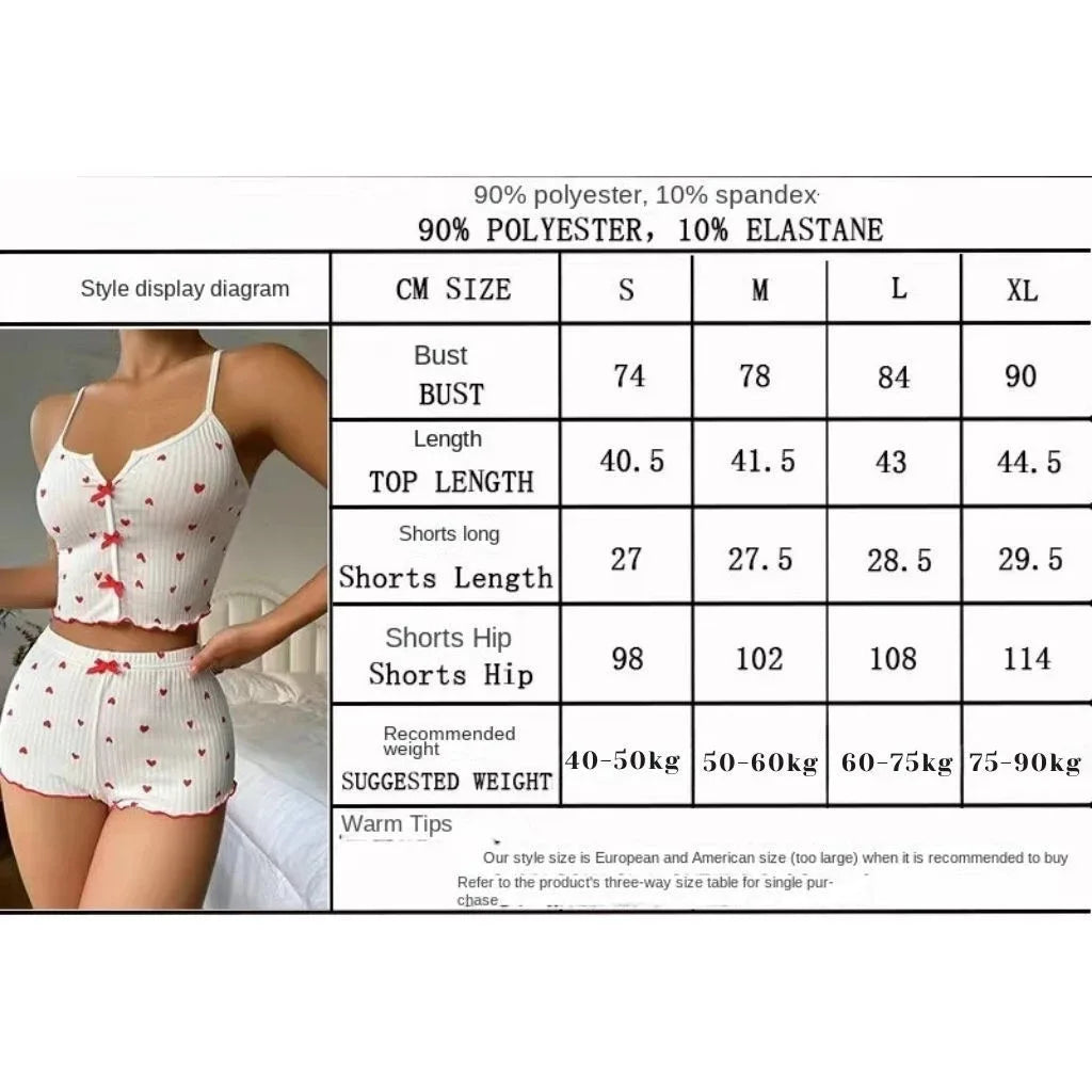 Sexy Heart Print Pajama Set for Women Sleepwear Silk Stain V-Neck Sleeveless Casual Cami Top and Shorts Sets Loungewear