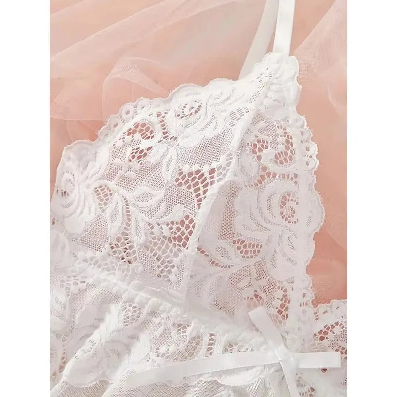 Women Lace Lingerie Set Transparent Babydoll Nightdress with Panty Sexy Lace Sleepwear Nightwear Pajamas Set for Women