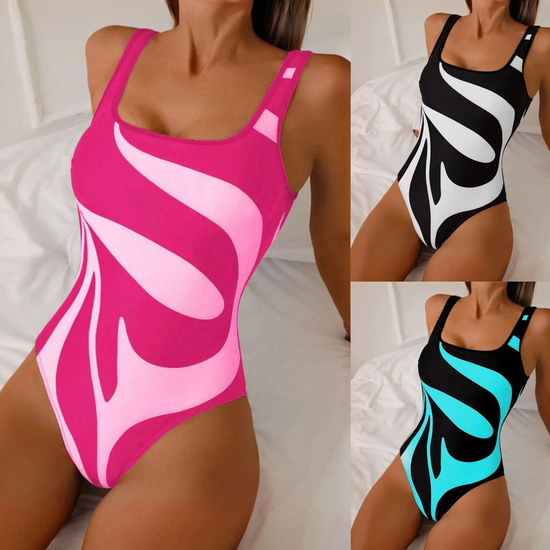Women's Sexy Lingerie Swimsuit Abstract Print Swimwear High Cut Legs Bathing Suit Scoop Neck Sleeveless Tank Top Straps Pink