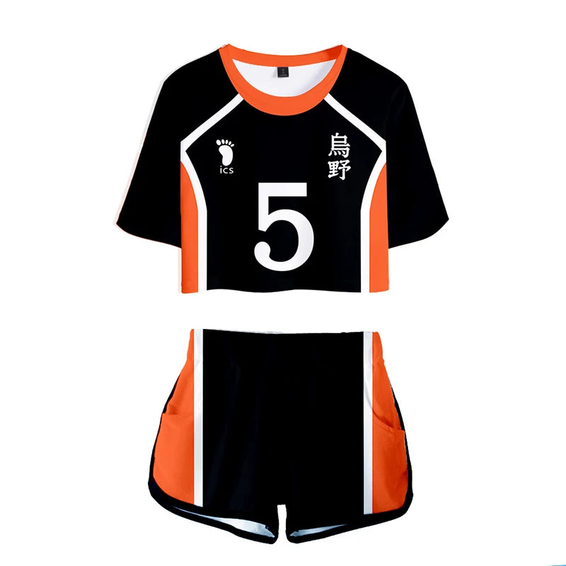 Karasuno Koukou Cosplay Costume Summer Girls Cheerleading Uniform Women Anime Crop Top Short-sleeved T-shirt Shorts