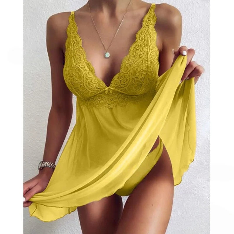 Sexy Lingerie Dress Women Lace Mesh See Through Nightdress Solid Slim V Neck Slip Sleepwear Summer Hot Nightgown Night Shirts