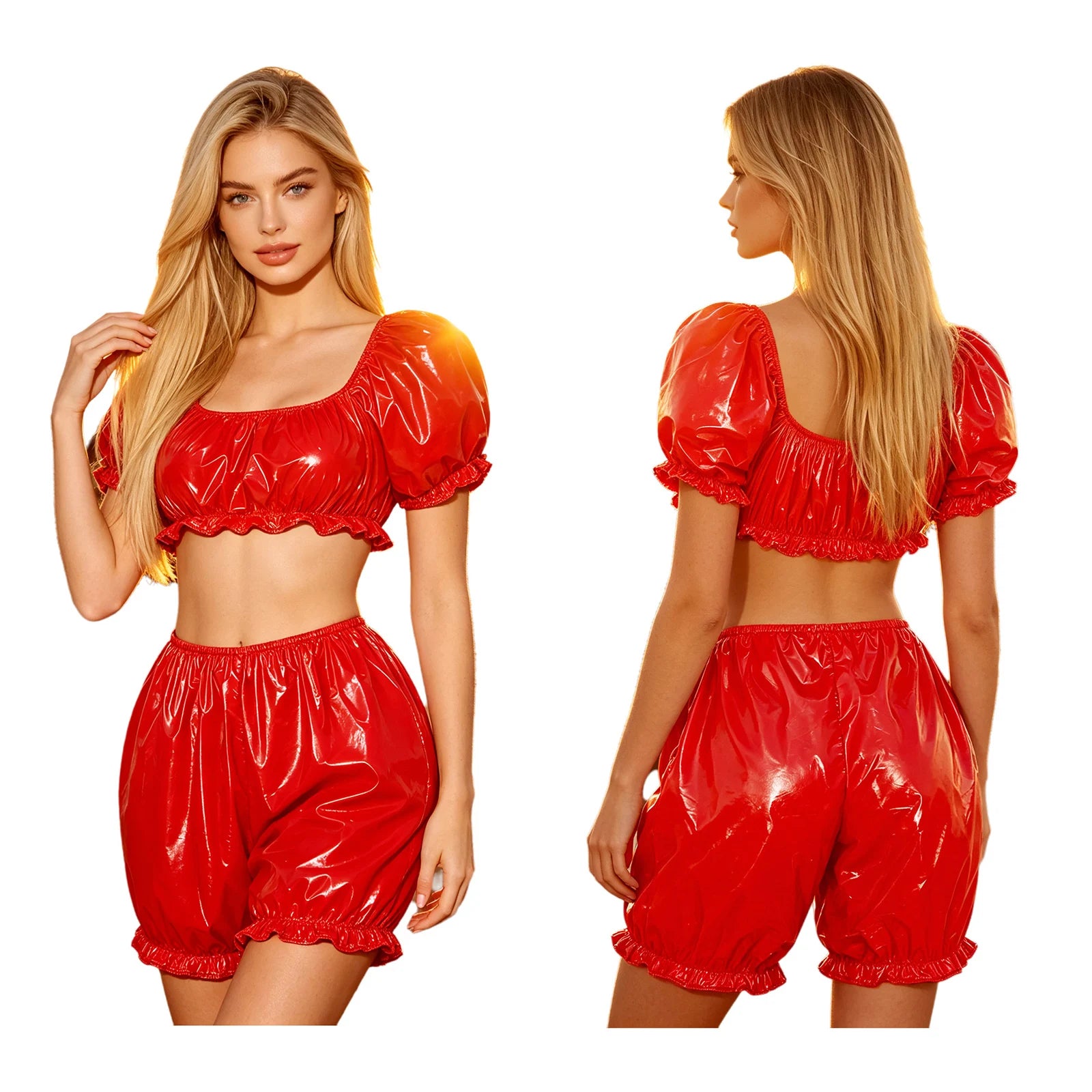 2 Piece Women Nursing Homewear Sets Waterproof Vinyl Ruffled Pajamas Set Short Puff Sleeve Crop Top and V-shaped Waist Bloomers