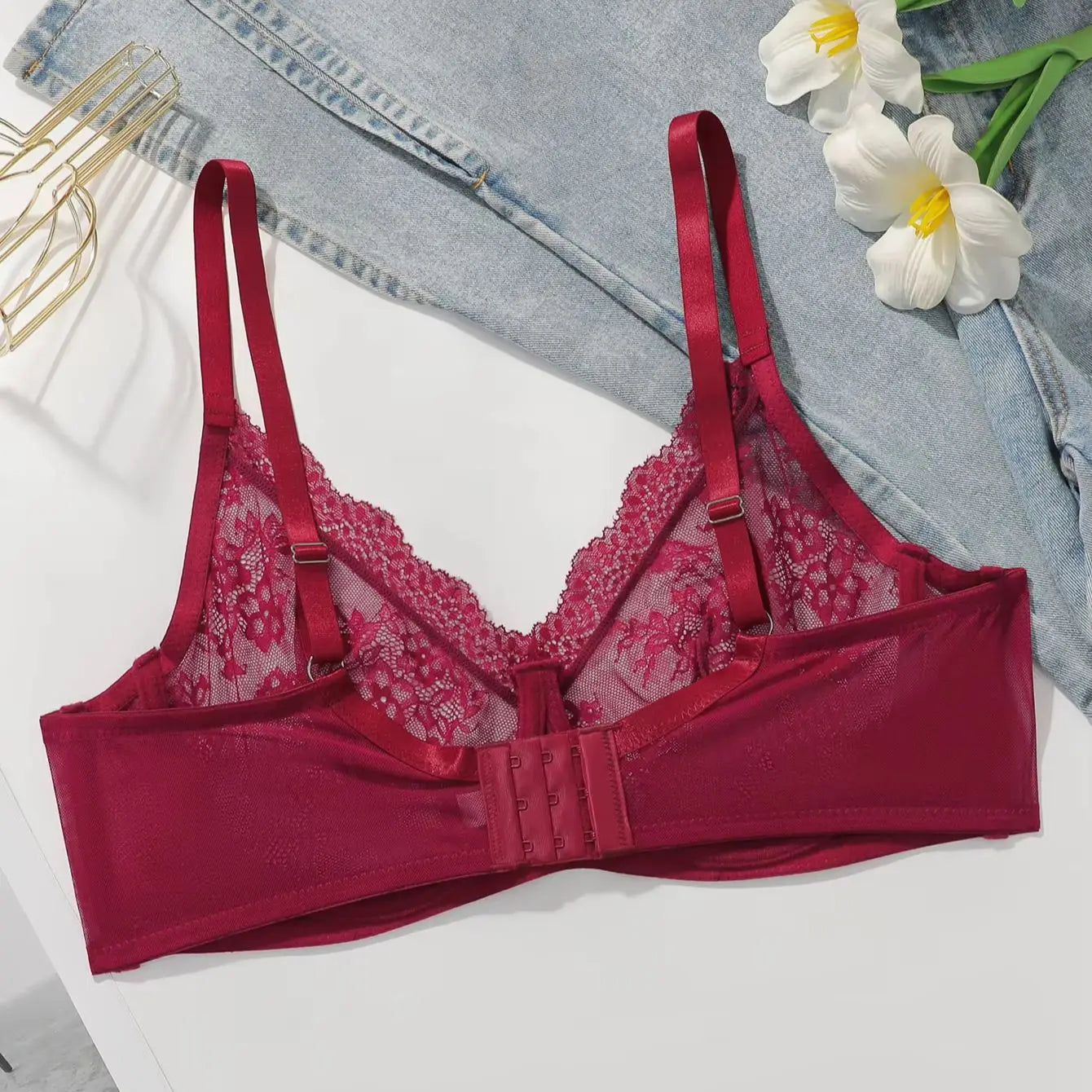 Women Plus Size Red Lace Sheer Bra Underwire Unlined Full Coverage Brassiere Embroidery Mesh See Through Lingerie for Big Bust