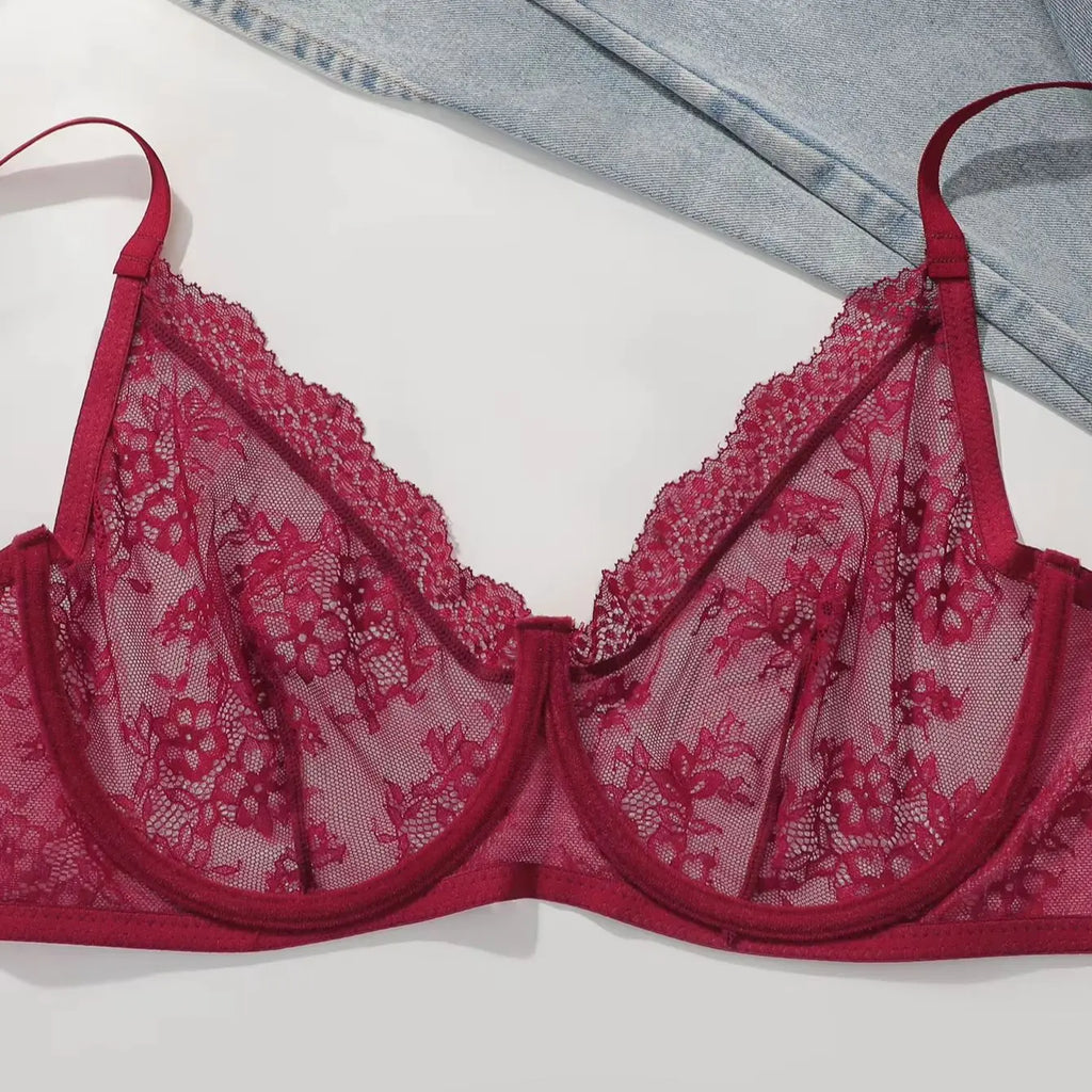 Women Plus Size Red Lace Sheer Bra Underwire Unlined Full Coverage Brassiere Embroidery Mesh See Through Lingerie for Big Bust