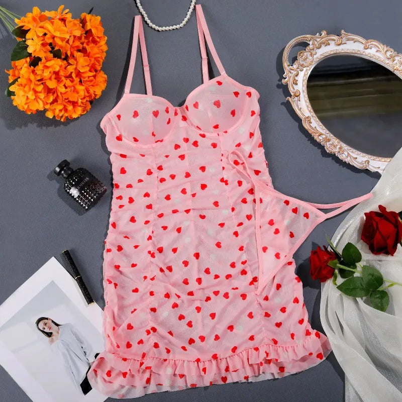 Women's Pink Heart Print Mesh Babydoll Dress Panty Set 2 Piece Ruched Ruffle Trim Sexy Nightwear See Through Underwire Lingerie
