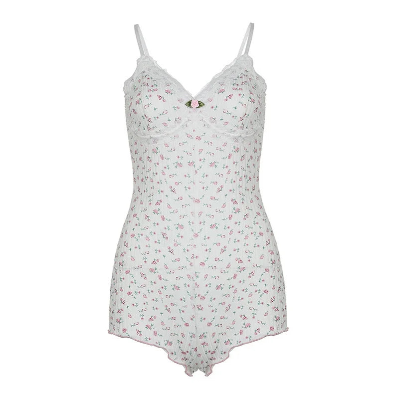 Sexy pajamas pure style V-neck small floral suspender nightdress sexy rose floral jumpsuit suspenders
