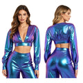 Womens Y2K Metallic Shiny Hip Hop Crop Top Deep V Neck Balloon Long Sleeve Button Cuffs Blouses Tops Disco Party Rock Clubwear