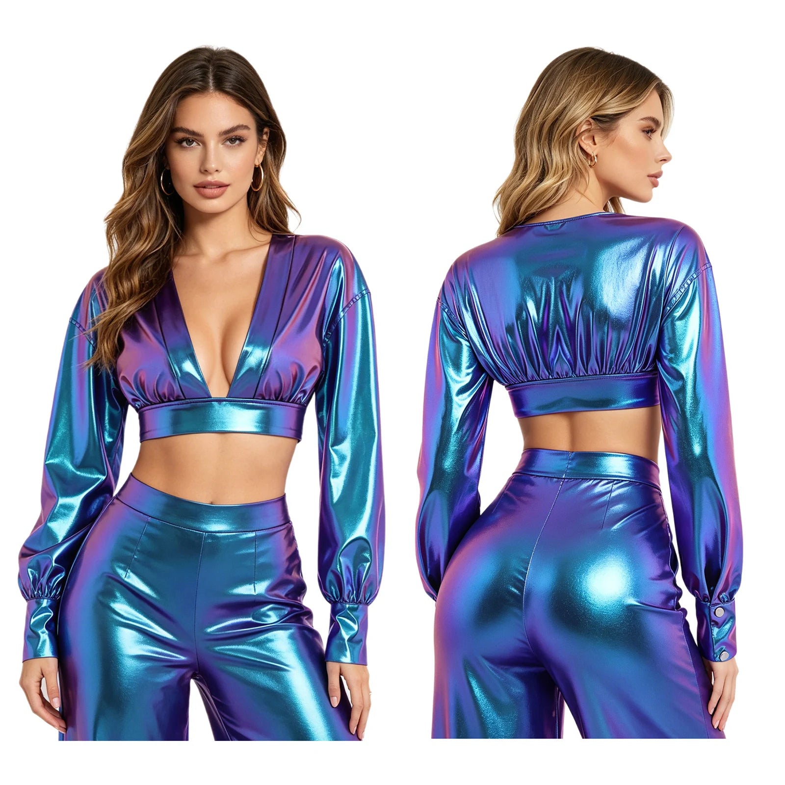 Womens Y2K Metallic Shiny Hip Hop Crop Top Deep V Neck Balloon Long Sleeve Button Cuffs Blouses Tops Disco Party Rock Clubwear