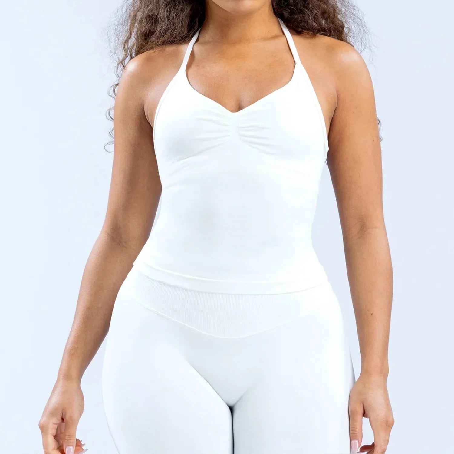 Women's Halter Neck Yoga Tank Top, Front Ruched Seamless Sports Bra Short Top, High-Elastic Soft Nylon Spandex Fitness Wear, Slim-Fit Sleeveless Running Training Fitness Tank Top