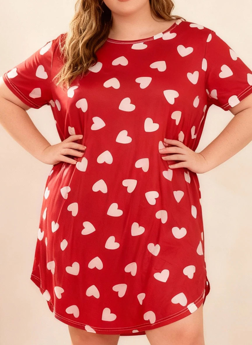 Plus Size Women's Spring Summer Heart Print Short Sleeve Round Neck Nightgown Dress