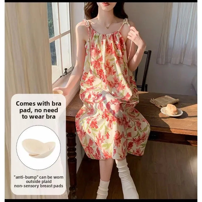 Cloud Cotton Camisole Nightdress With Chest Pads Women, Summer Sleepwear, Lightweight Casual Slim-Fit Dress