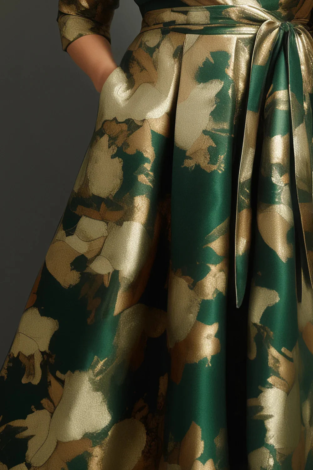 Plus Size Cocktail Dark Green Satin Floral Print Wrap 3/4 Sleeve Sexy V-neck Tea-Length Dress