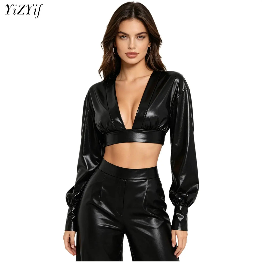 Womens Y2K Metallic Shiny Hip Hop Crop Top Deep V Neck Balloon Long Sleeve Button Cuffs Blouses Tops Disco Party Rock Clubwear