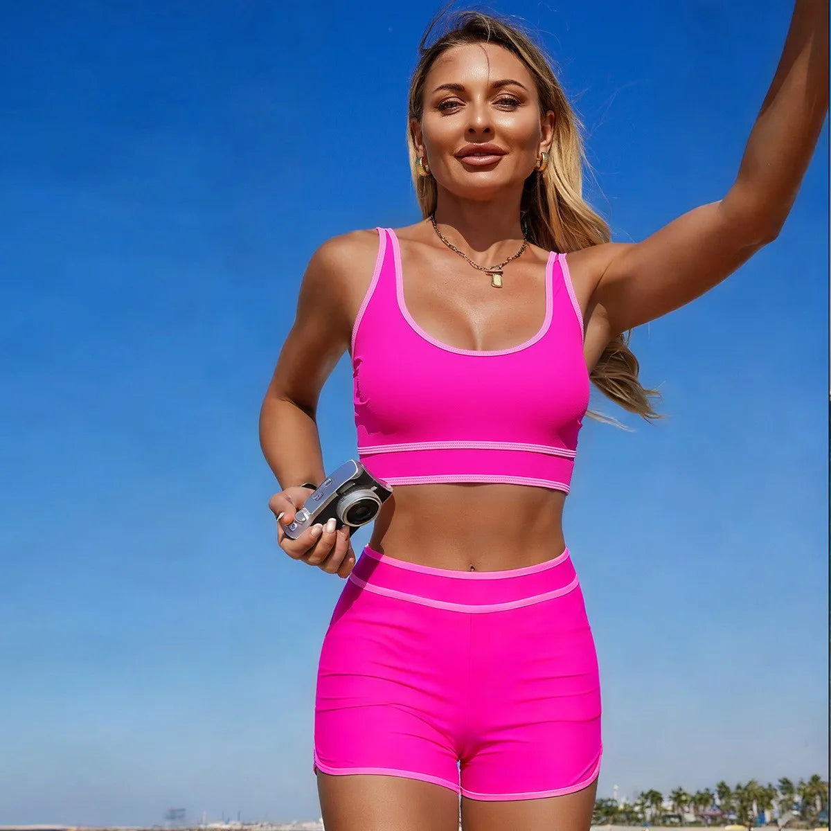 Olive Green Bikini Sleeveless Crop Top High Waist Shorts Teal Bikinis Solid Cropped Mini Black Two Piece Swimsuit Pink Swim