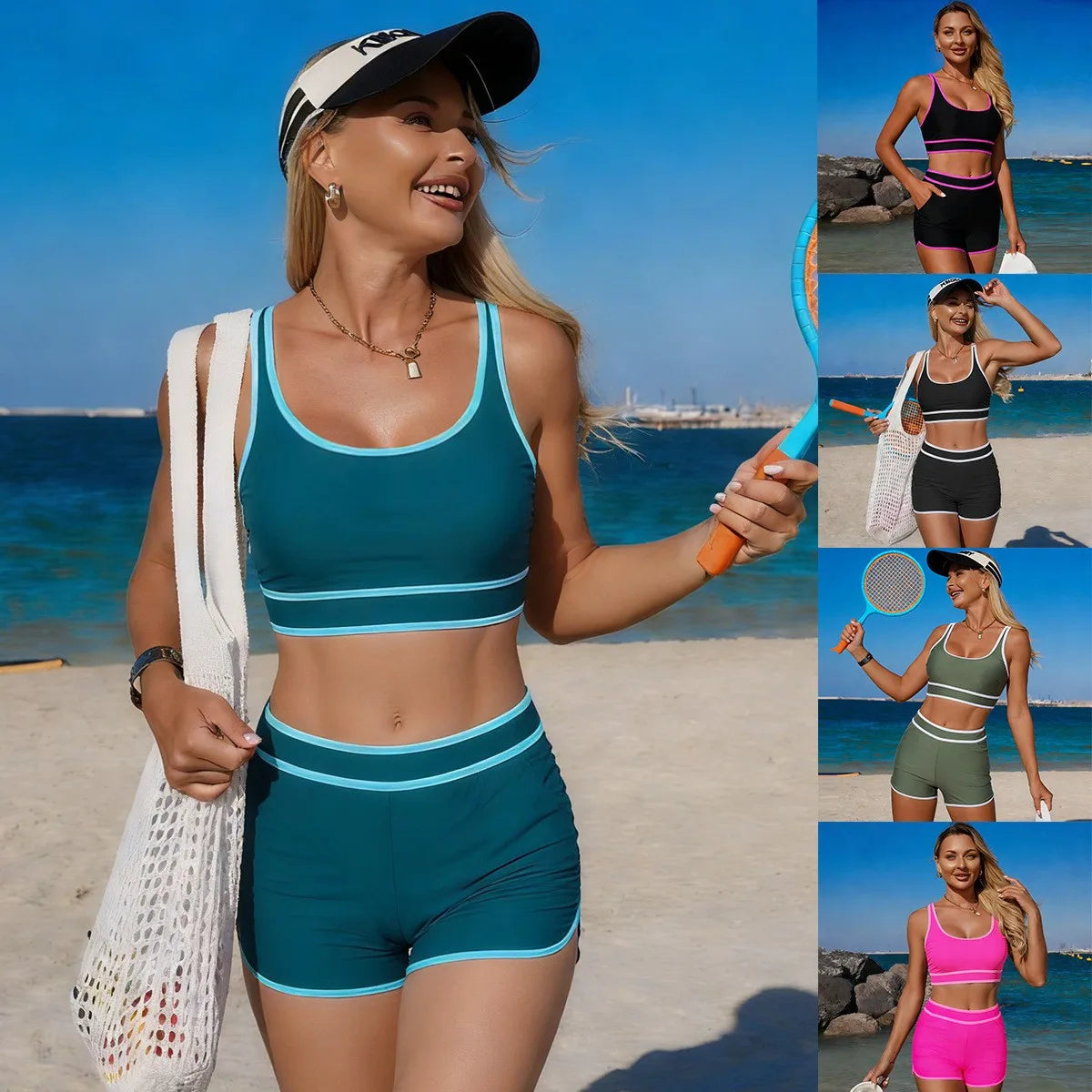 Olive Green Bikini Sleeveless Crop Top High Waist Shorts Teal Bikinis Solid Cropped Mini Black Two Piece Swimsuit Pink Swim