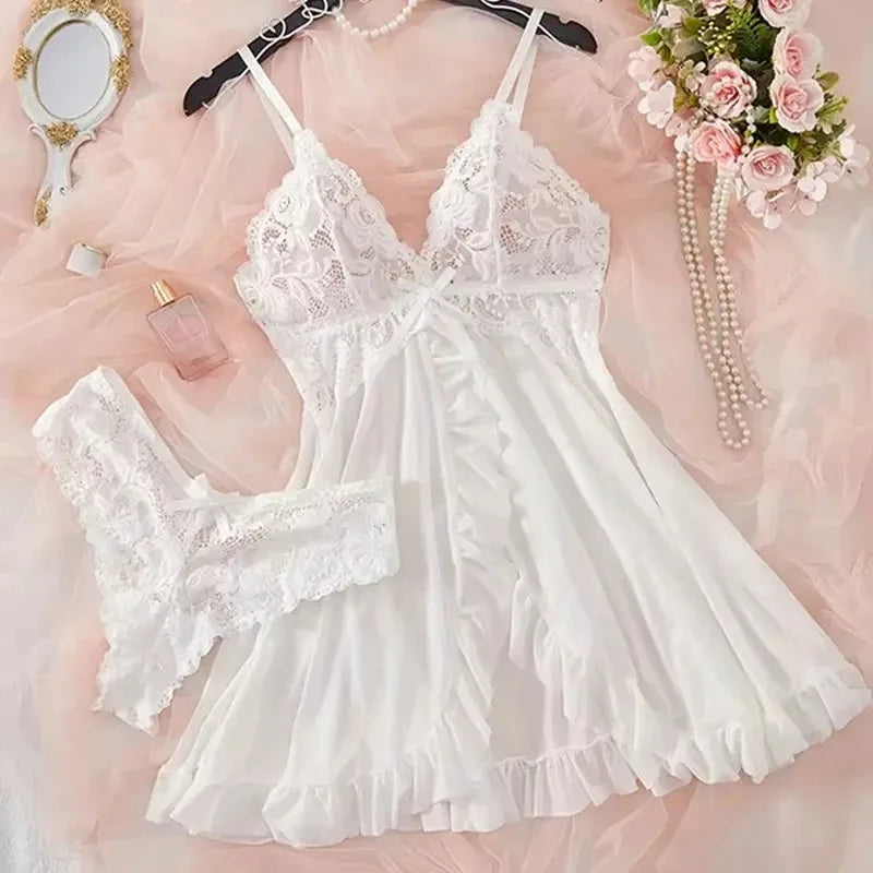 Women Lace Lingerie Set Transparent Babydoll Nightdress with Panty Sexy Lace Sleepwear Nightwear Pajamas Set for Women