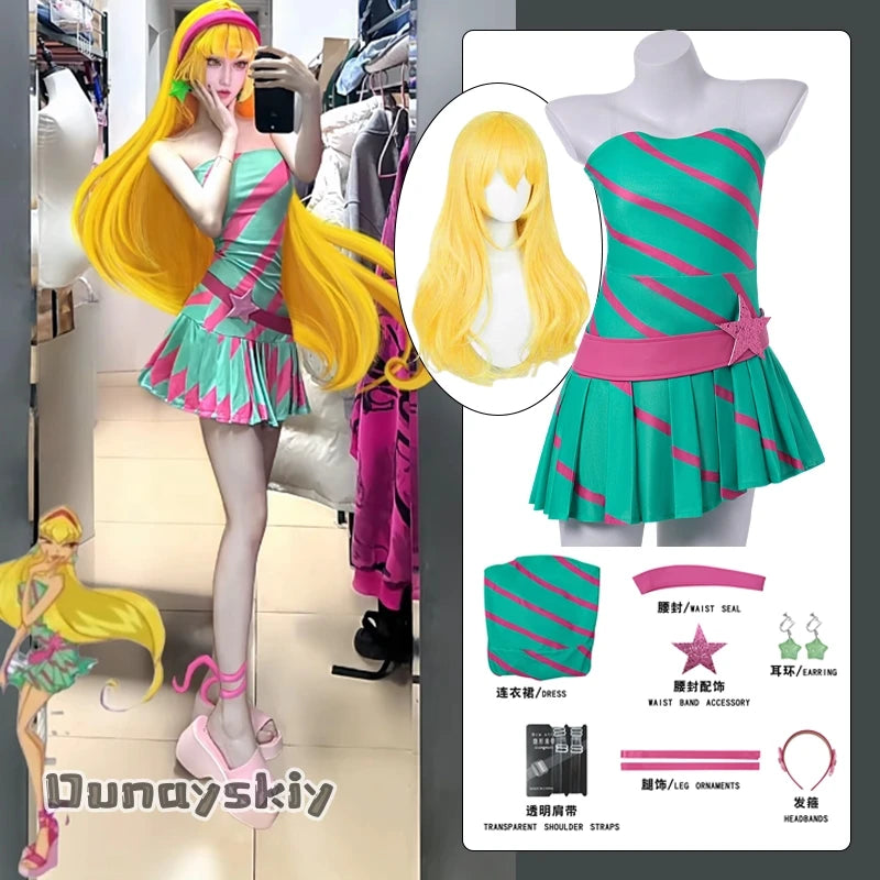 Anime Stella Cosplay Costume Fairy Party Green Bandeau Dress Women's Dresses Halloween Roleplay Wig Shoe Outfit Disguise Suits