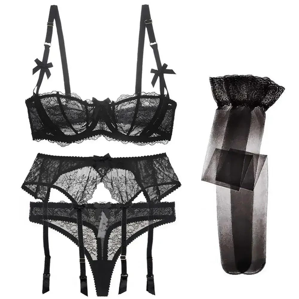 New 2025 Luxury Half Cup Lace Transparent Sexy Lingerie Ultra-thin Solid Shell Style 4 Pieces/Lots Bra Set Garter and ☆★☆★qq