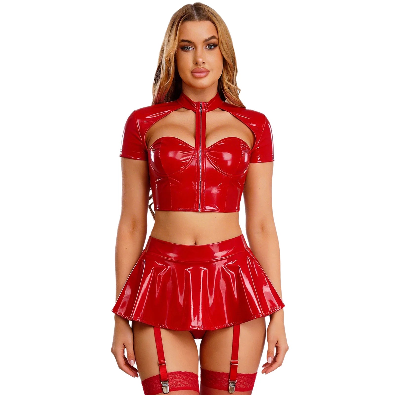 Womens Sexy Lingerie PU Leather Push-up Underwire Cutout Short Sleeve Crop Top And Thongs Miniskirt for Raves Pole Dance