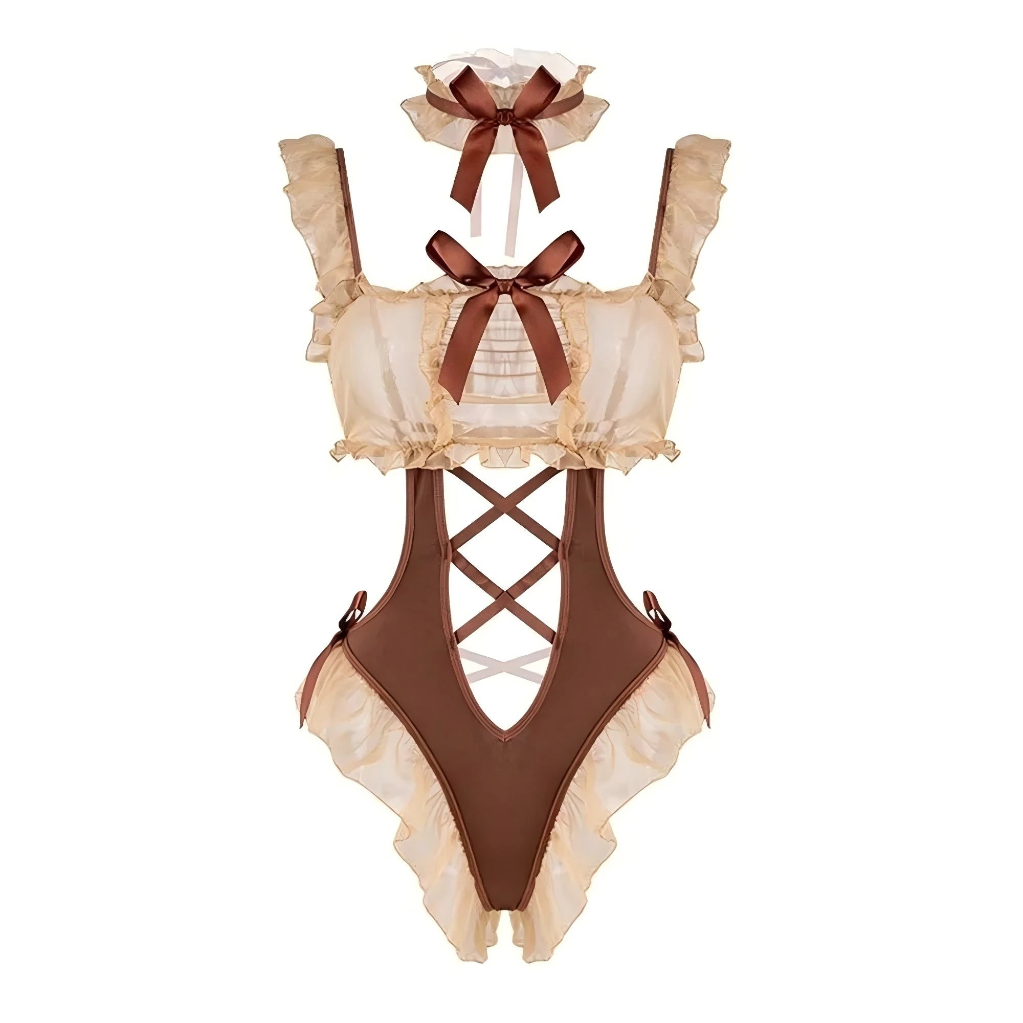 Pajamas Skirt Maid Ruffled Mesh Bodysuit Bowknot Open Crotch Bow Mesh Sheer Jumpsuit Strap Maid Uniform Slim Fit Women Lingerie
