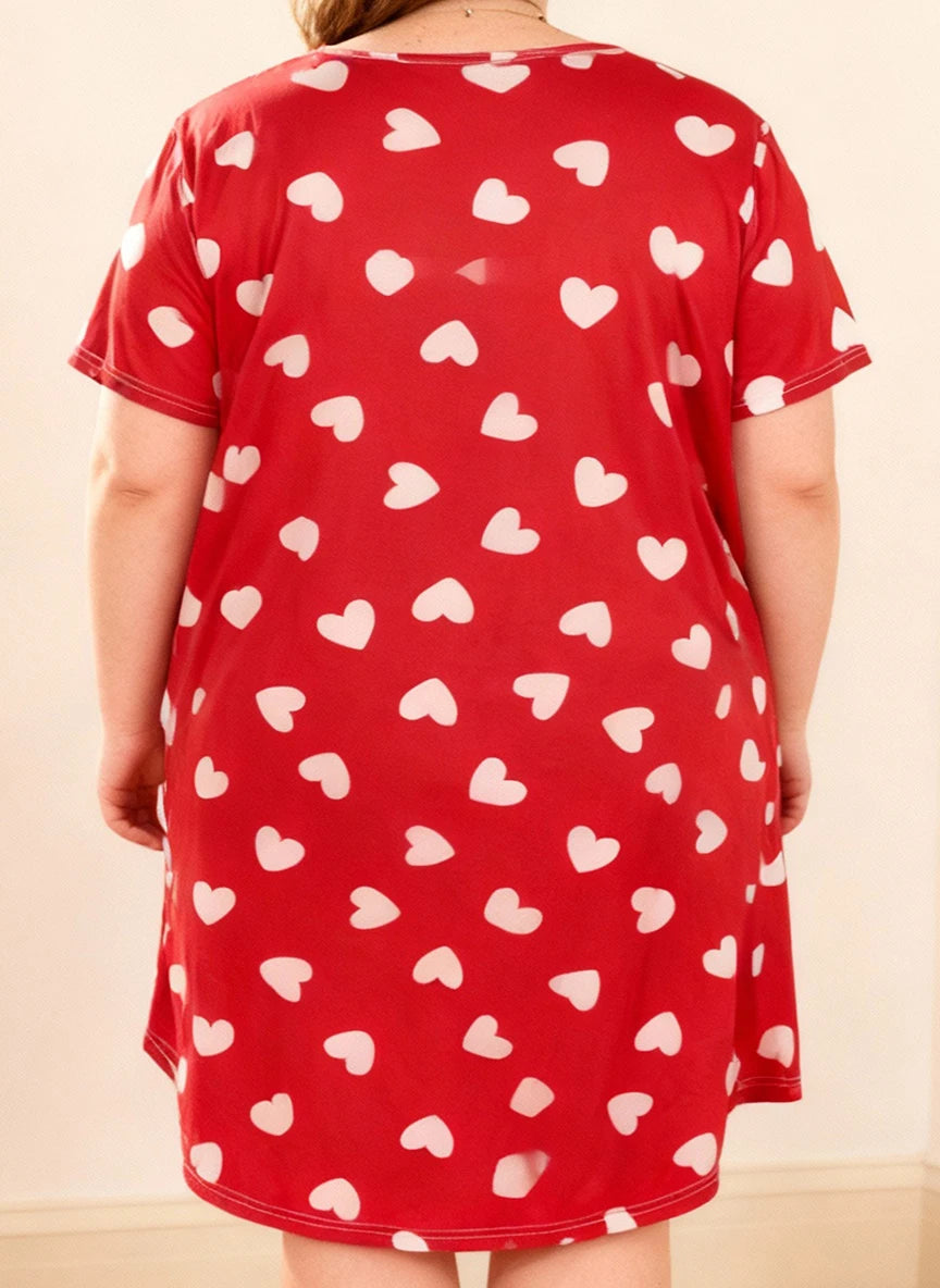 Plus Size Women's Spring Summer Heart Print Short Sleeve Round Neck Nightgown Dress