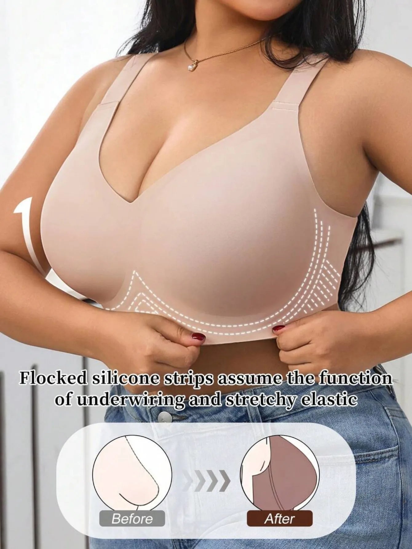 Women's High Support Sports Bra, Wire-Free Flocked Silicone Push-up Lingerie, Wide Strap Seamless Comfortable Fitness Bra