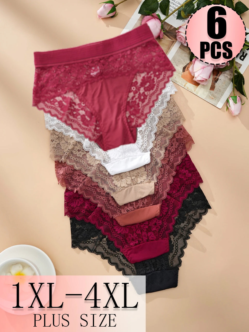 6PCS Plus Size Women's Sexy Lace Plus Size Women's Underwear, Close Fitting, Breathable, Comfortable, High Elasticity Plus Size Women's Underwear