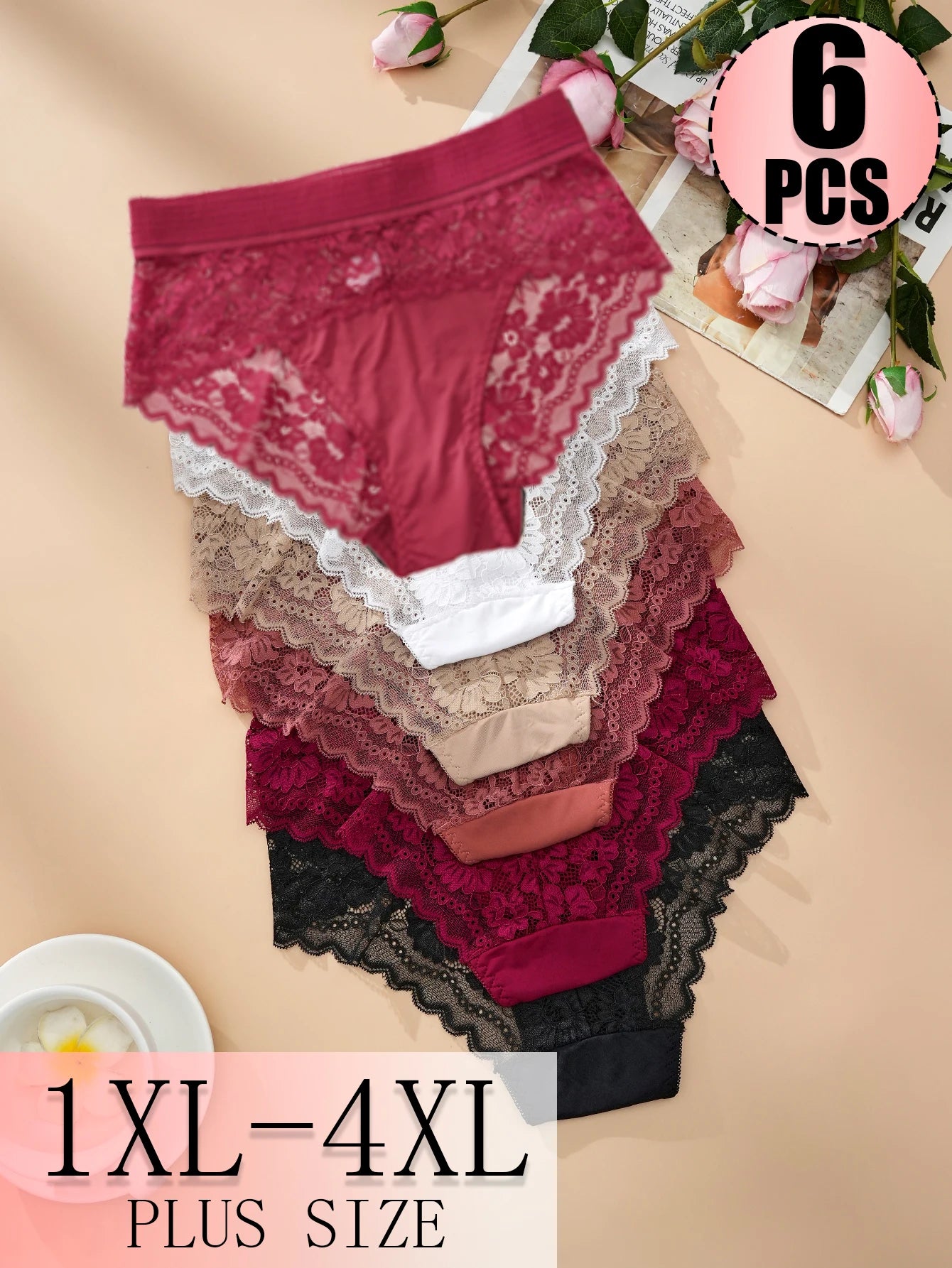 6PCS Plus Size Women's Sexy Lace Plus Size Women's Underwear, Close Fitting, Breathable, Comfortable, High Elasticity Plus Size Women's Underwear