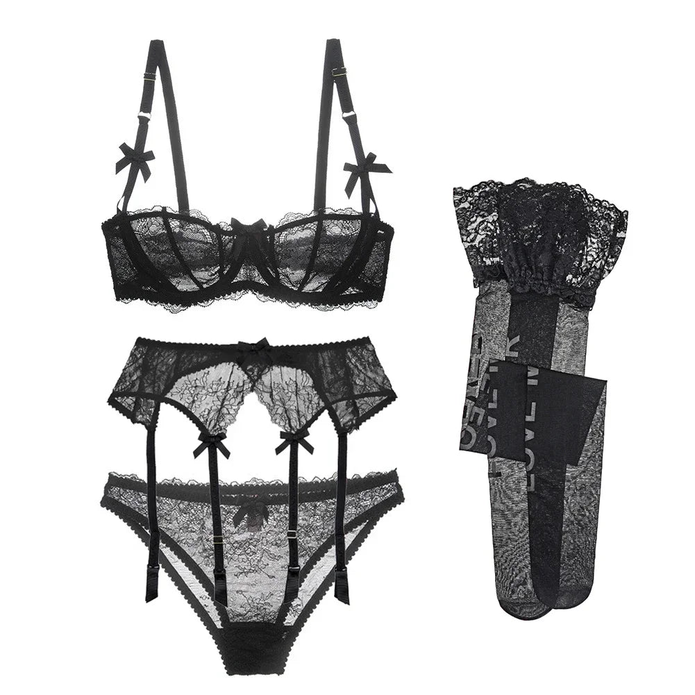 New 2025 Luxury Half Cup Lace Transparent Sexy Lingerie Ultra-thin Solid Shell Style 4 Pieces/Lots Bra Set Garter and ☆★☆★qq