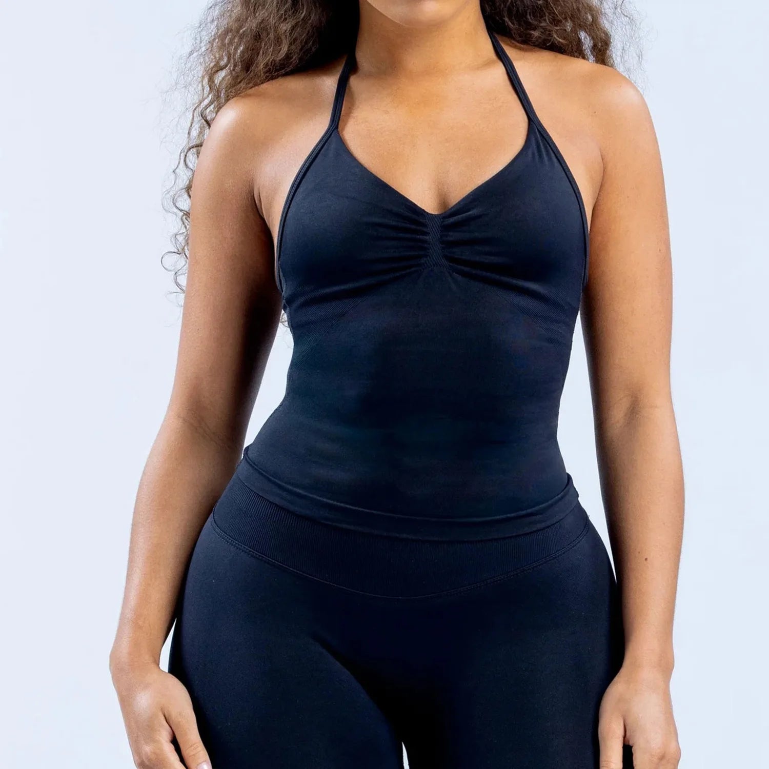 Women's Halter Neck Yoga Tank Top, Front Ruched Seamless Sports Bra Short Top, High-Elastic Soft Nylon Spandex Fitness Wear, Slim-Fit Sleeveless Running Training Fitness Tank Top