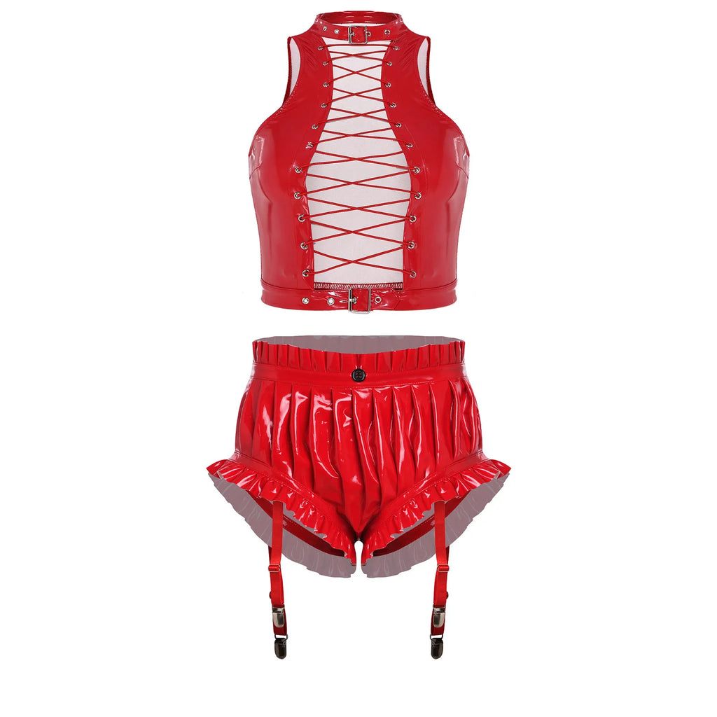 Womens Wet Look PU Leather Clubwear Outfits Cutout Sleeveless Front Eyelet Lace-up Crop Top And Bloomer Shorts with Garter Clips