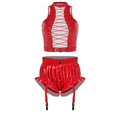 Womens Wet Look PU Leather Clubwear Outfits Cutout Sleeveless Front Eyelet Lace-up Crop Top And Bloomer Shorts with Garter Clips