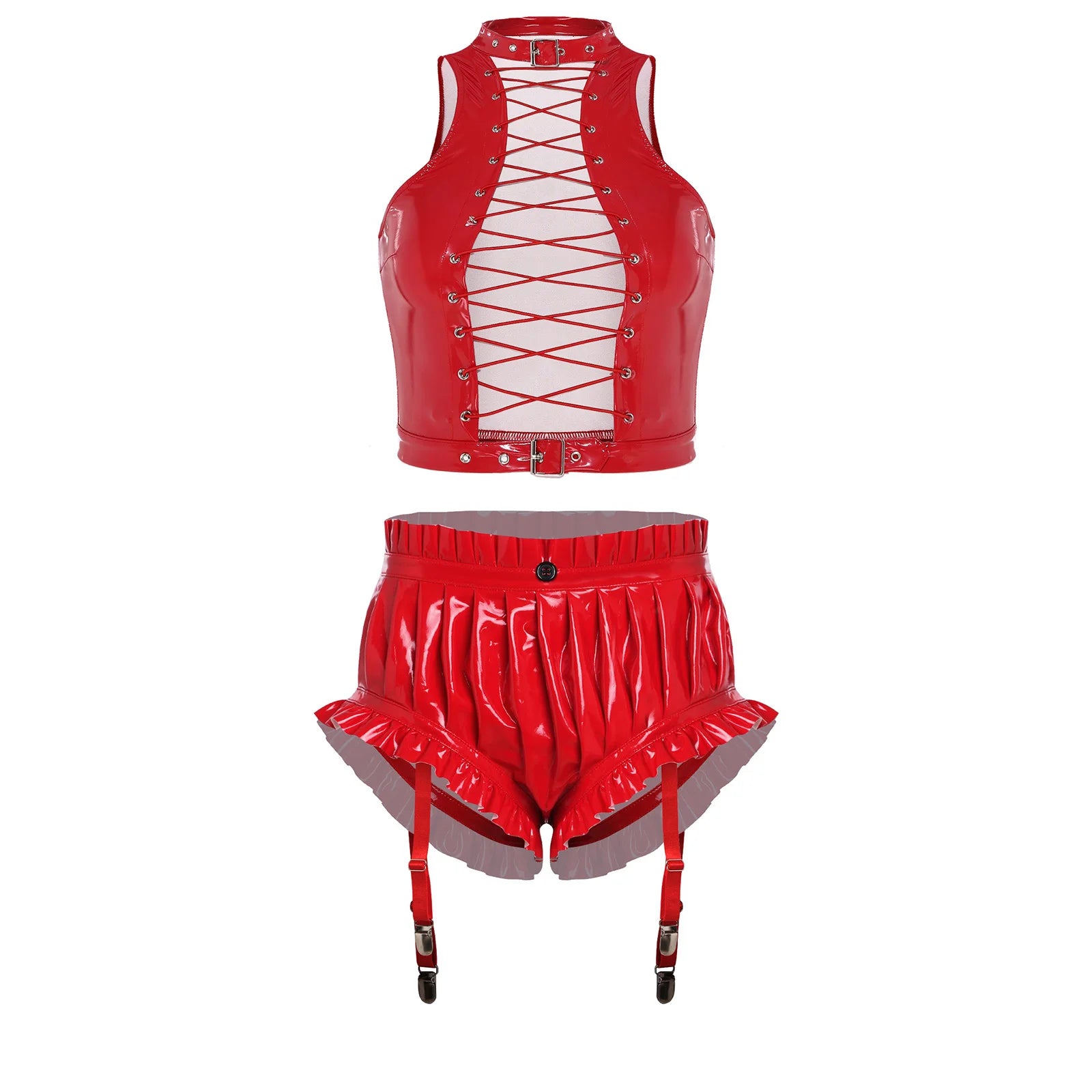 Womens Wet Look PU Leather Clubwear Outfits Cutout Sleeveless Front Eyelet Lace-up Crop Top And Bloomer Shorts with Garter Clips