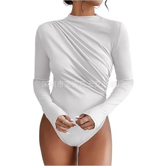 Hot Lingerie Jumpsuit Draped Front Romper Women's Body Lingerie Long Sleeve Bodysuit Minimalist Monochrome Solid Color