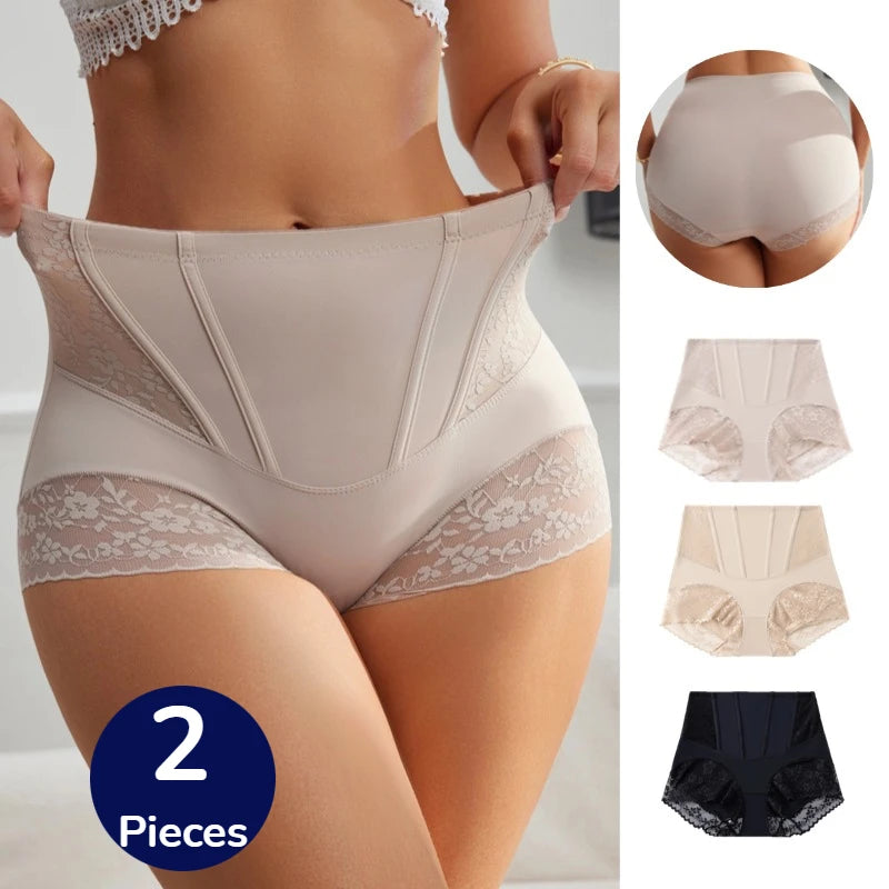 TrowBridge 2PCS Women's Shaper Panties High-Waist Lace Sexy Lingerie Abdominal Tightener Female Briefs Fishbone Waist Slimming