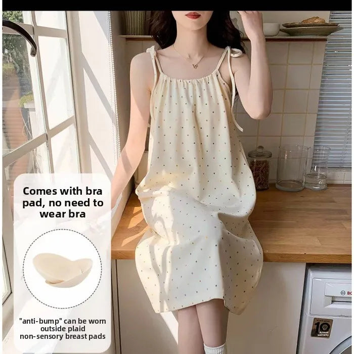 Cloud Cotton Camisole Nightdress With Chest Pads Women, Summer Sleepwear, Lightweight Casual Slim-Fit Dress