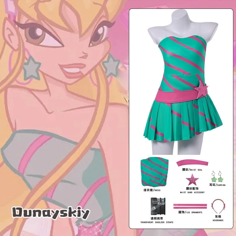 Anime Stella Cosplay Costume Fairy Party Green Bandeau Dress Women's Dresses Halloween Roleplay Wig Shoe Outfit Disguise Suits