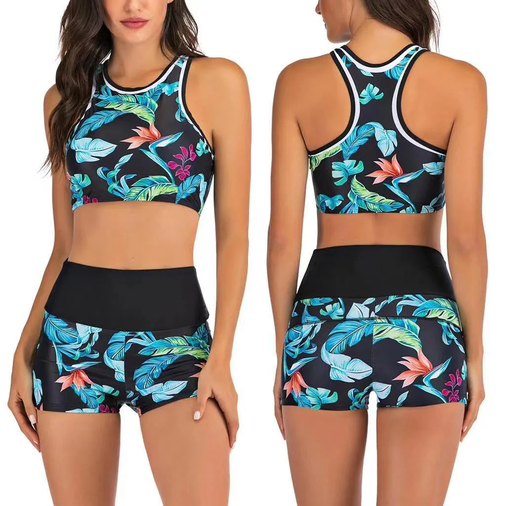 Y2K Bikini Woman Tankini With Shorts Crop Top High Waist Tropical Print Swimwear Blue Green Pink Halter Neck Two Piece Swimsuit