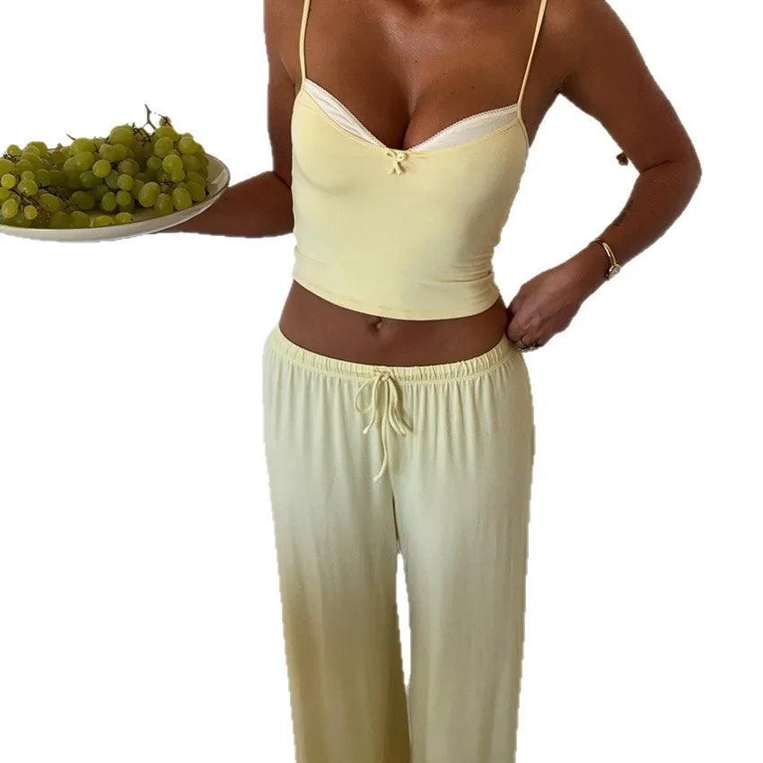 Summer Women's Clothing Deep V Neck Bow Tie Cami Pajama Set Long Pants Night Wear For Ladies Polyester Thin Lingerie Set