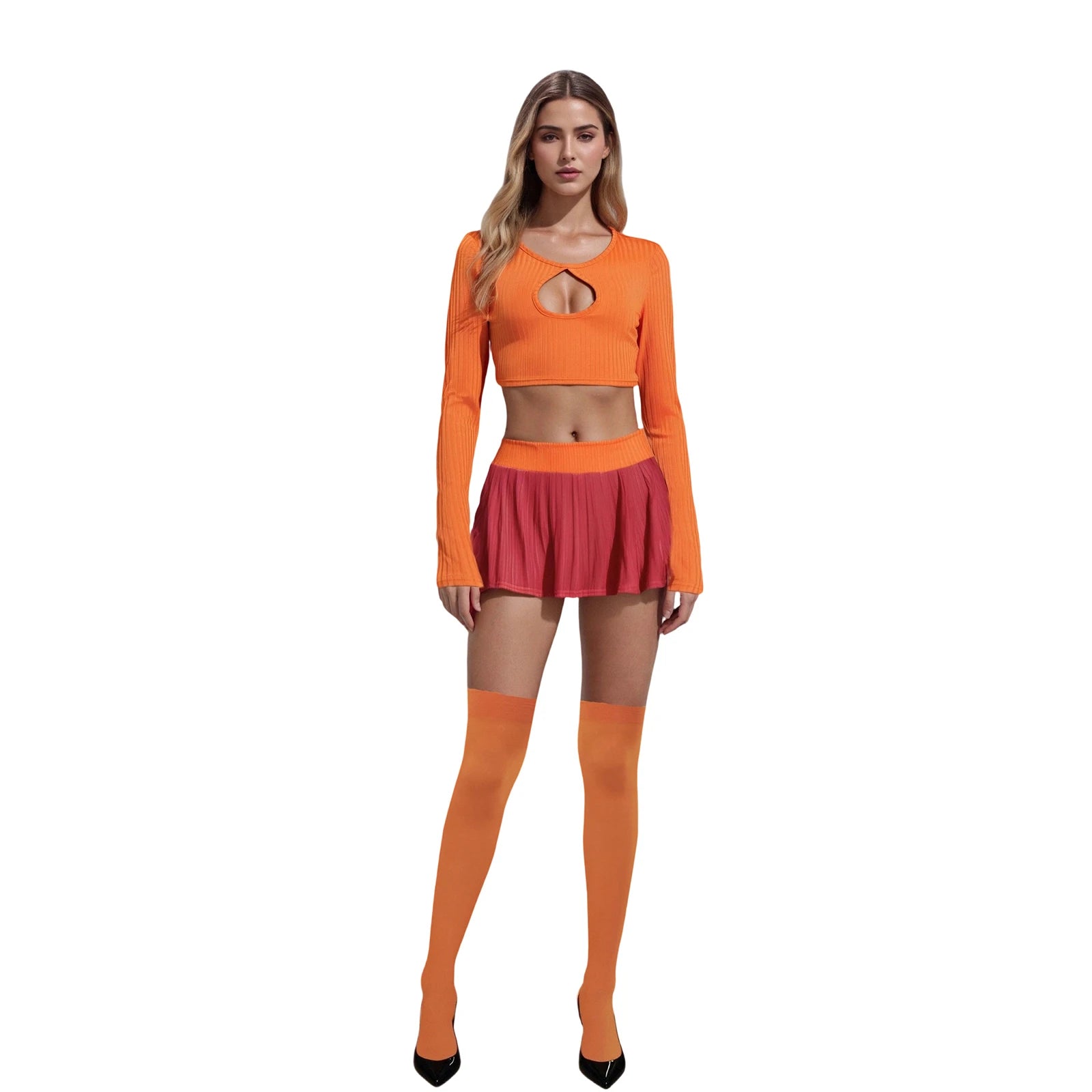 Halloween Velma Costume For Women Orange Long Sleeve Crop Top And Pleated Mini Skirt With Stocking