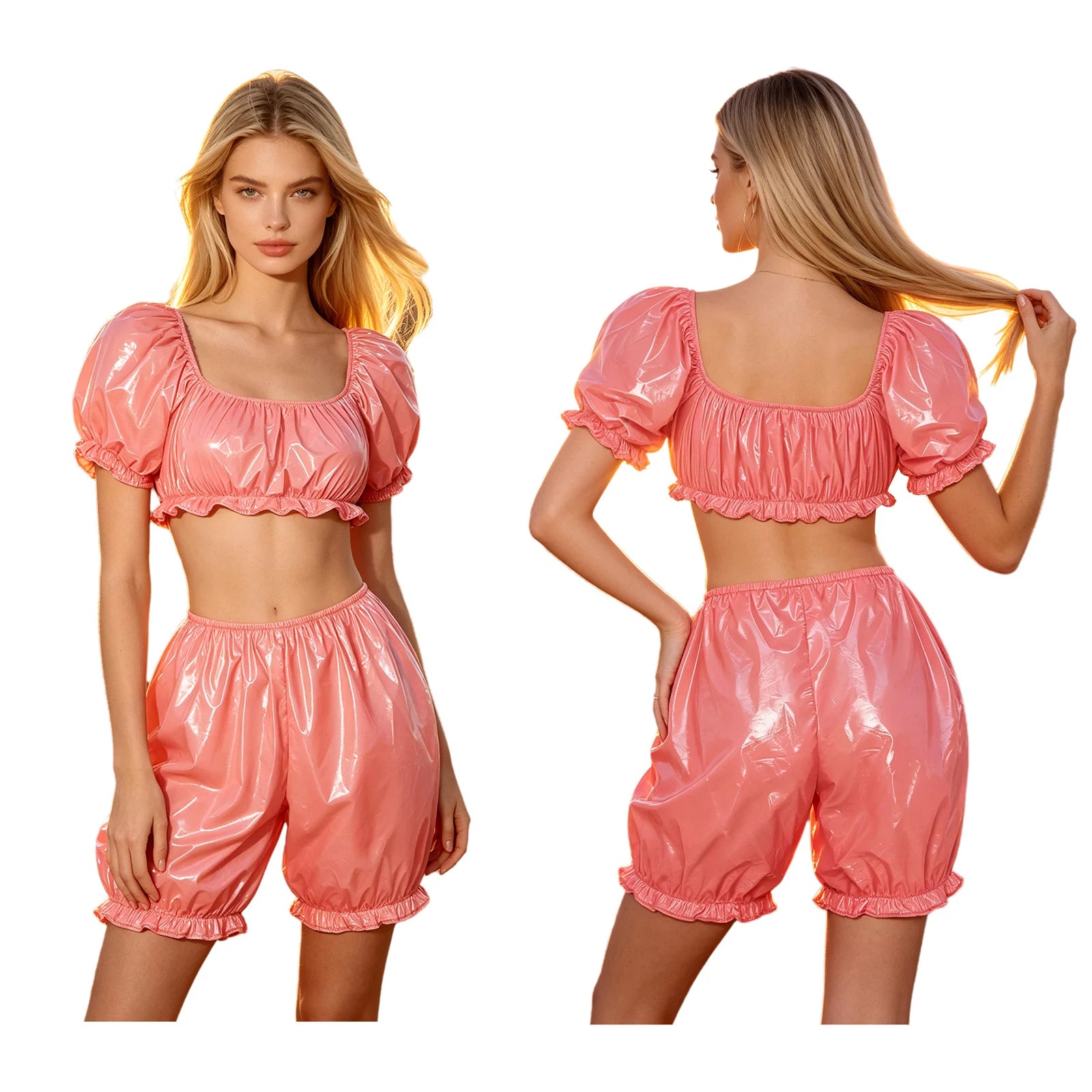 Women Nursing Homewear Sets Waterproof Vinyl Diaper Adaptive Ruffled Pajamas Short Puff Sleeve Crop Top Bloomers Shorts Outfits