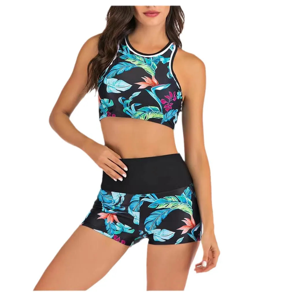 Y2K Bikini Woman Tankini With Shorts Crop Top High Waist Tropical Print Swimwear Blue Green Pink Halter Neck Two Piece Swimsuit