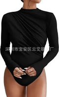 Hot Lingerie Jumpsuit Draped Front Romper Women's Body Lingerie Long Sleeve Bodysuit Minimalist Monochrome Solid Color