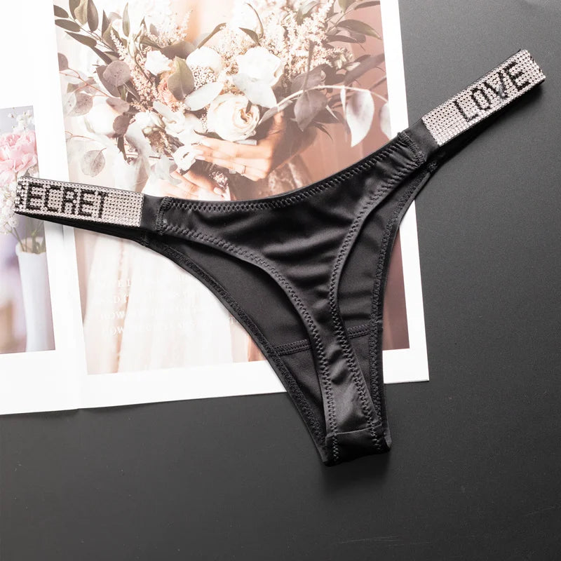 Letter Sexy Panties Women Thongs Rhinestones Diamonds G-string Sports Thong Low Waist Shorts Briefs T-back Fitness S-XL