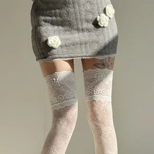 1 Pair Women's Over-Knee Socks with Floral Lace Trim Net Design for Boots Dresses Jeans - Vintage Style
