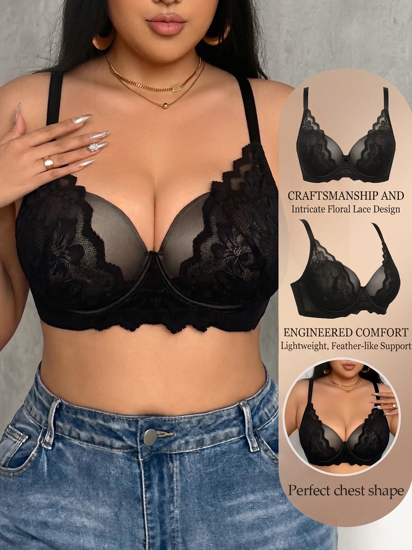 Plus Size Women Bra Floral Lace Side Support Push-Up Bra Comfort Thin Cup Underwire Breathable Mesh Lingerie