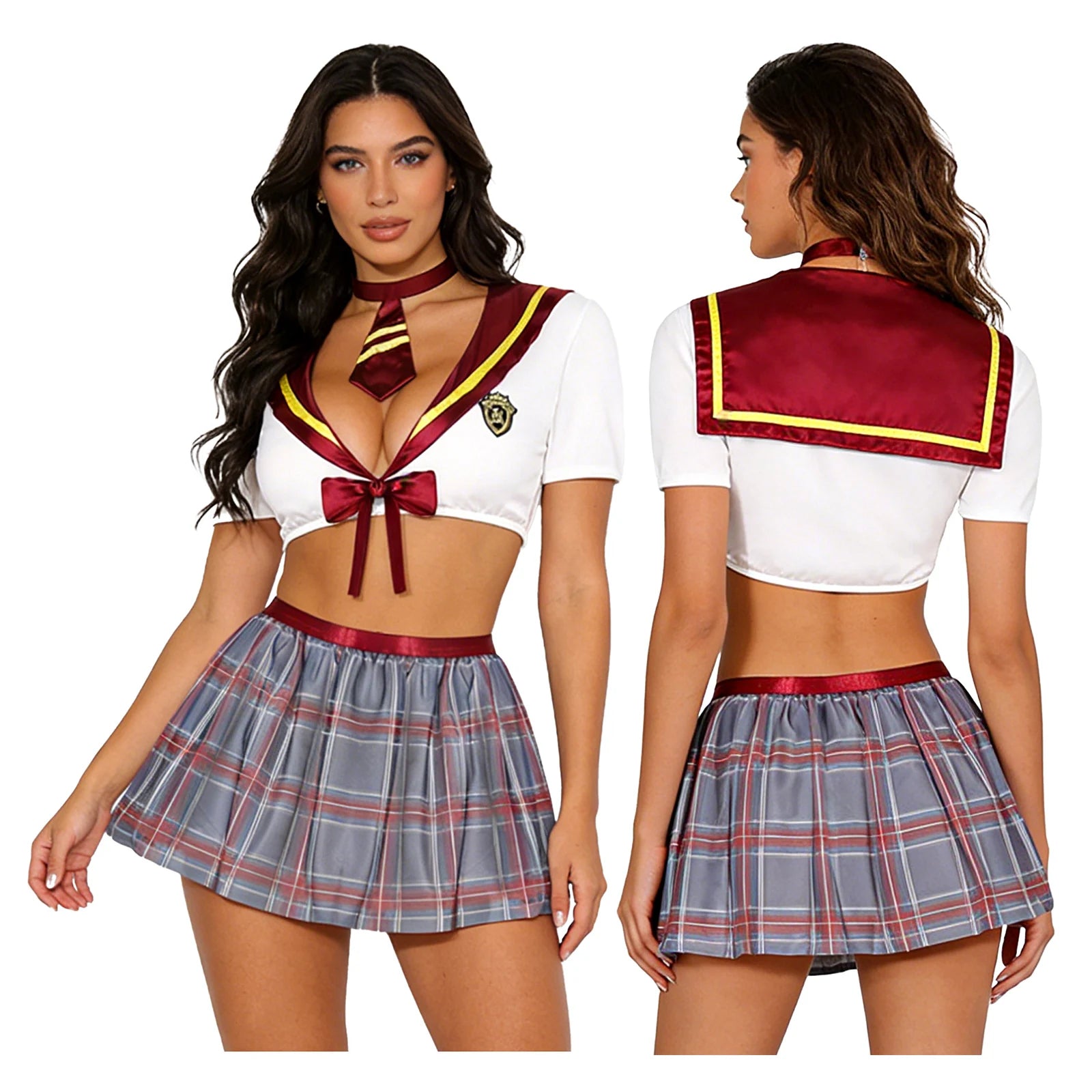 Women Halloween Theme Party Sexy Schoolgirl Cosplay Lingerie Set Crop Top with Necktie Sheer Mini Skirt Thong Fishnet Stockings