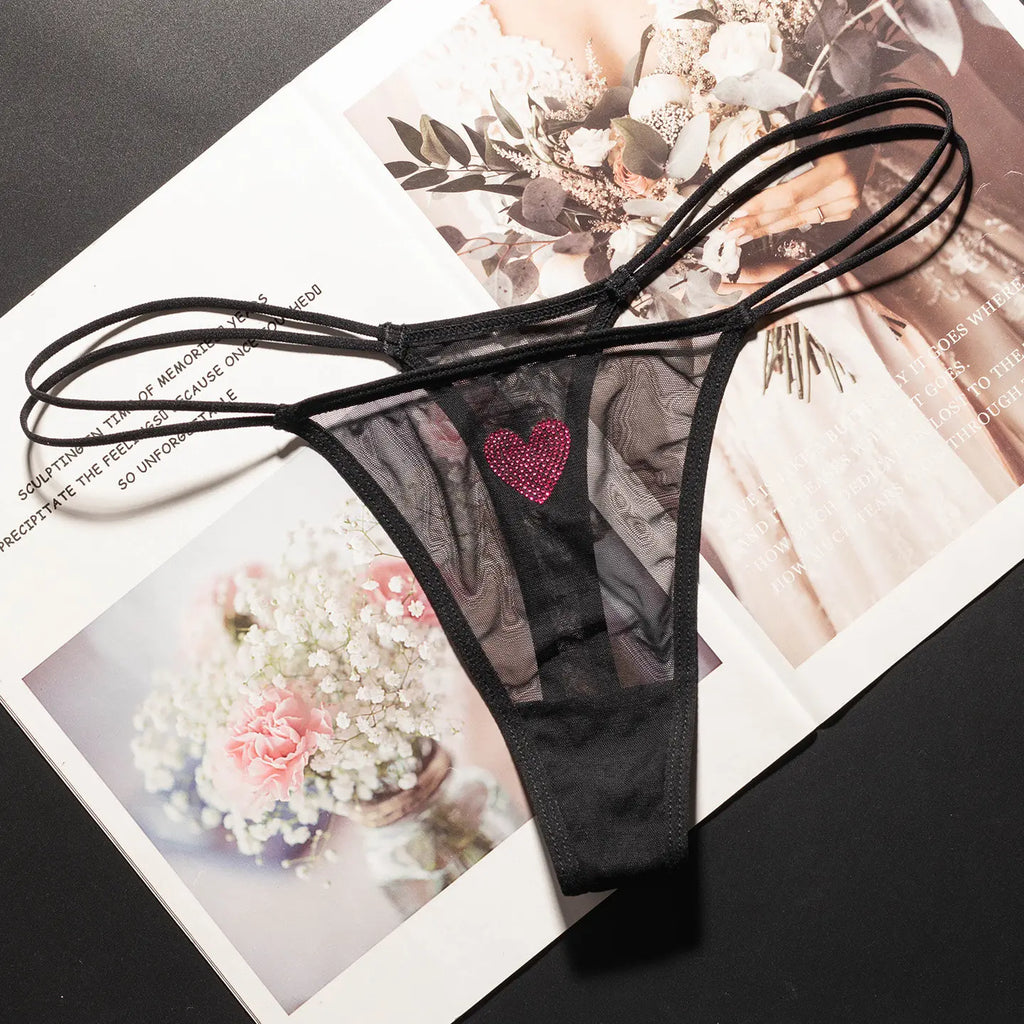 Lace Mesh Women Briefs Sexy Thong Transparent Rhinestones Heart Panties Underwear Girls G String Lingerie Fitness T Back