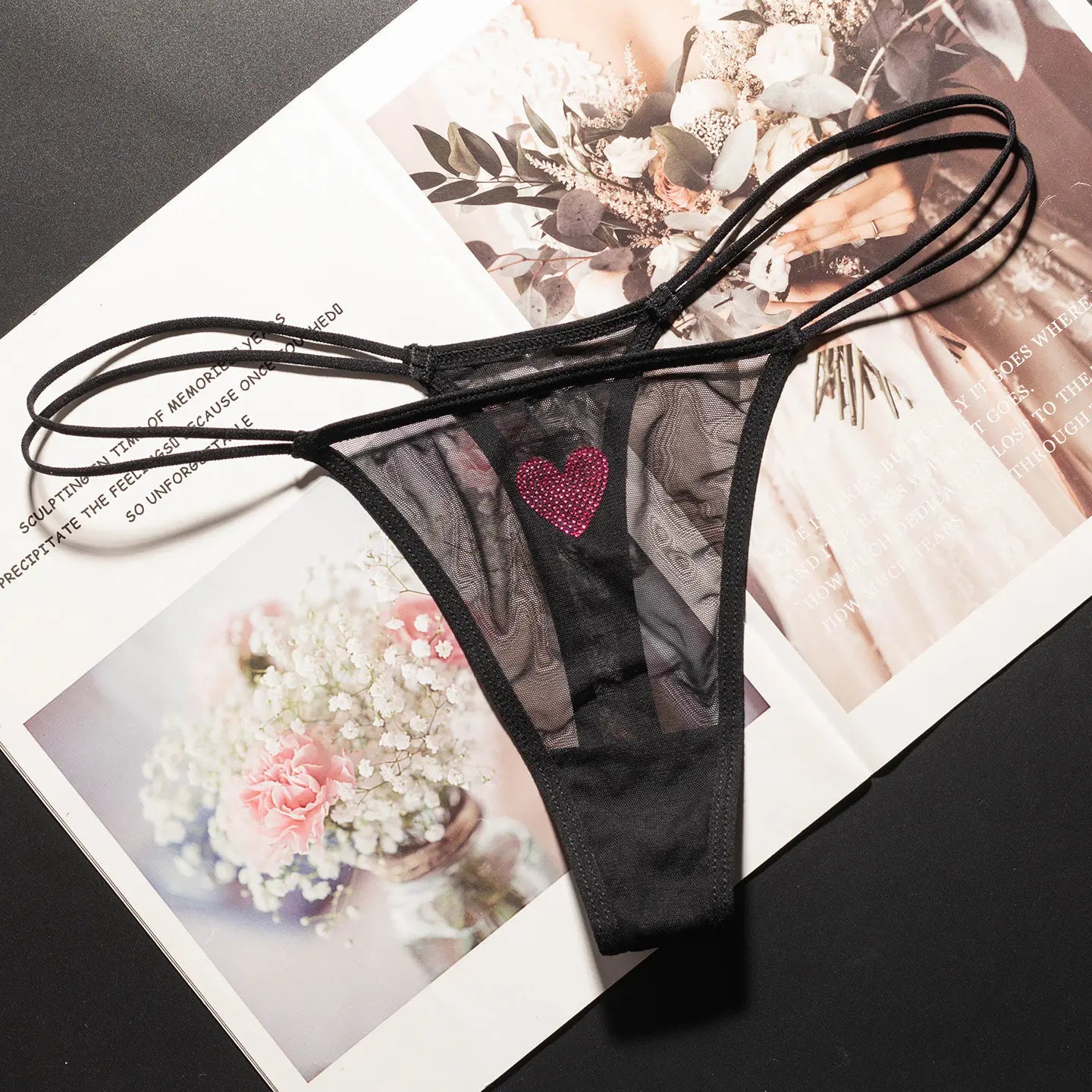 Lace Mesh Women Briefs Sexy Thong Transparent Rhinestones Heart Panties Underwear Girls G String Lingerie Fitness T Back