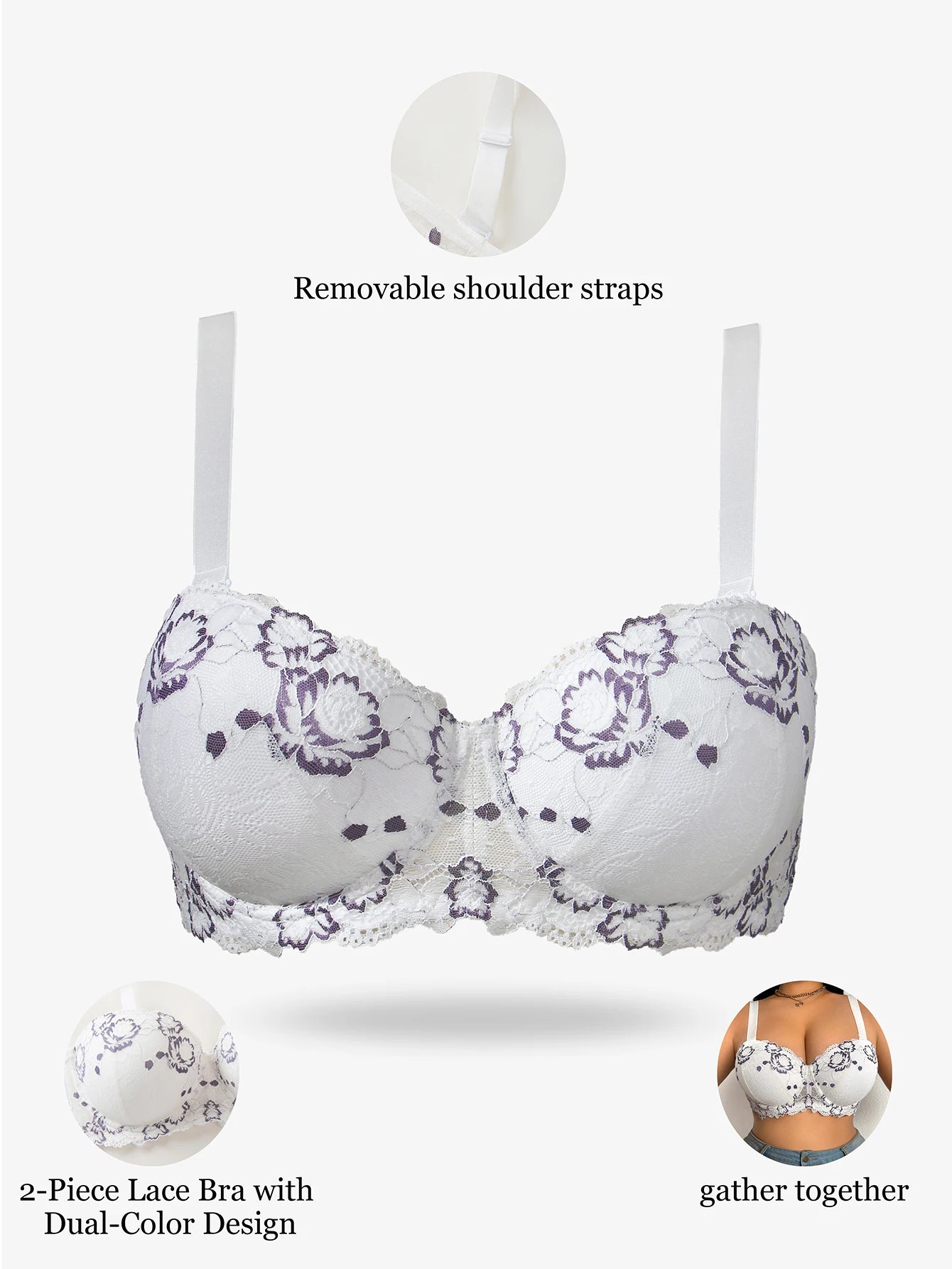 Plus Size Lace & Embroidery Women Bra Wide straps Underwire Side Support Push Up Bra Supportive Thin Cup Lingerie for Women